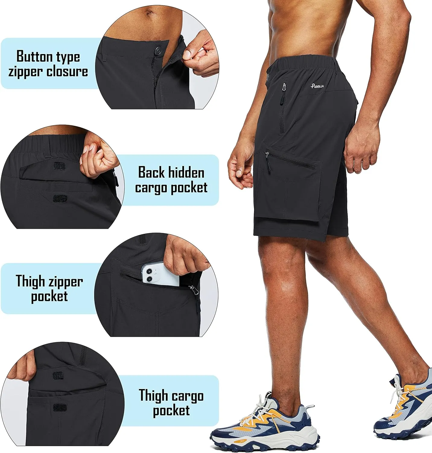 Pudolla Men's Hiking Cargo Shorts Quick Dry Outdoor Travel Shorts for Men with Multi Pocket for Fishing Camping Casual