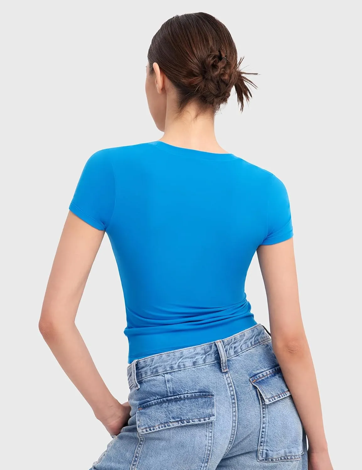 PUMIEY Women's T Shirts Short Sleeve Scoop Neck Basic Going Out Tops Fashion Slim Fit Tee Smoke Cloud Pro Collection