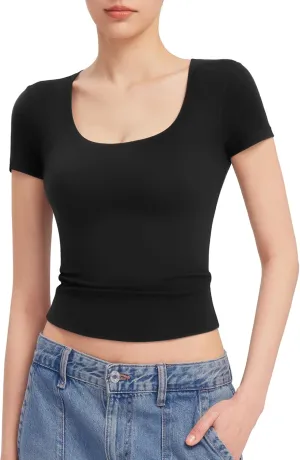 PUMIEY Women's T Shirts Short Sleeve Scoop Neck Basic Going Out Tops Fashion Slim Fit Tee Smoke Cloud Pro Collection