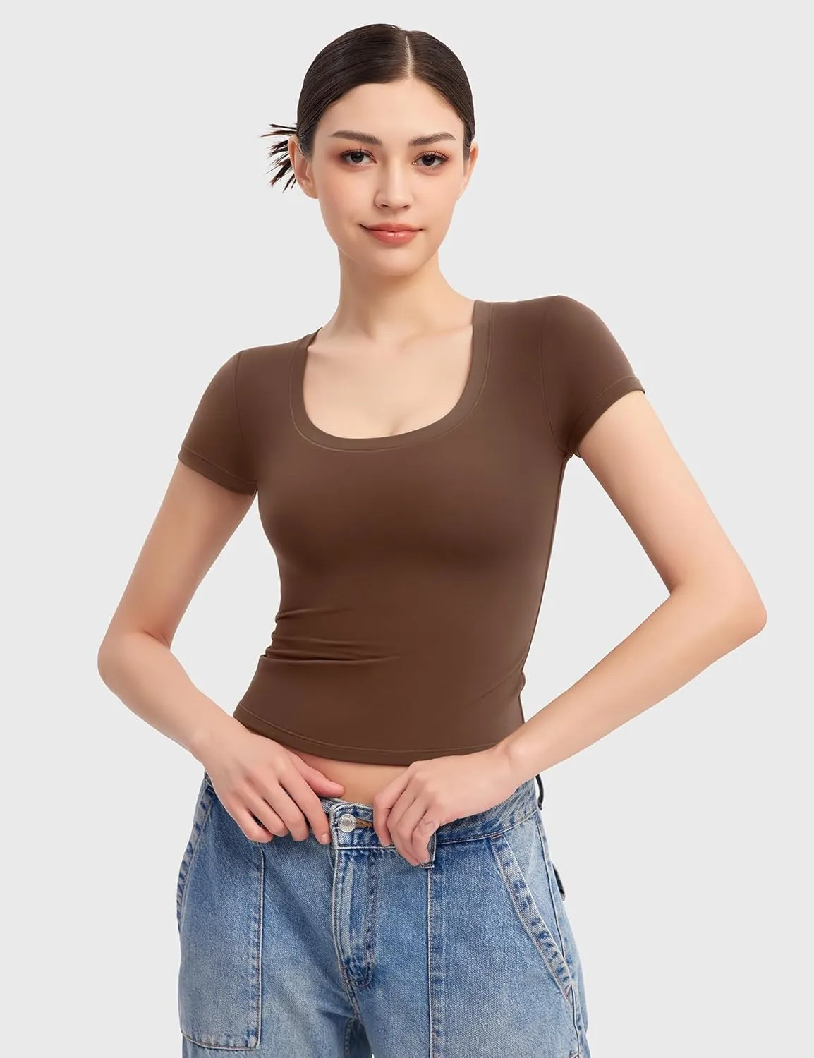 PUMIEY Women's T Shirts Short Sleeve Scoop Neck Basic Going Out Tops Fashion Slim Fit Tee Smoke Cloud Pro Collection