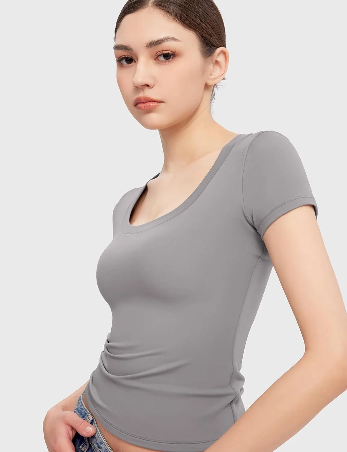 PUMIEY Women's T Shirts Short Sleeve Scoop Neck Basic Going Out Tops Fashion Slim Fit Tee Smoke Cloud Pro Collection