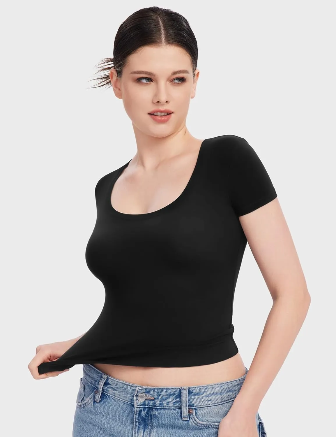 PUMIEY Women's T Shirts Short Sleeve Scoop Neck Basic Going Out Tops Fashion Slim Fit Tee Smoke Cloud Pro Collection