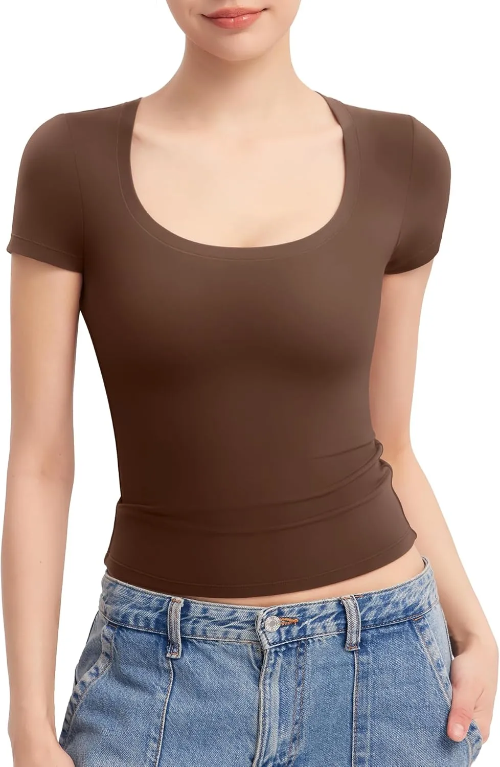 PUMIEY Women's T Shirts Short Sleeve Scoop Neck Basic Going Out Tops Fashion Slim Fit Tee Smoke Cloud Pro Collection