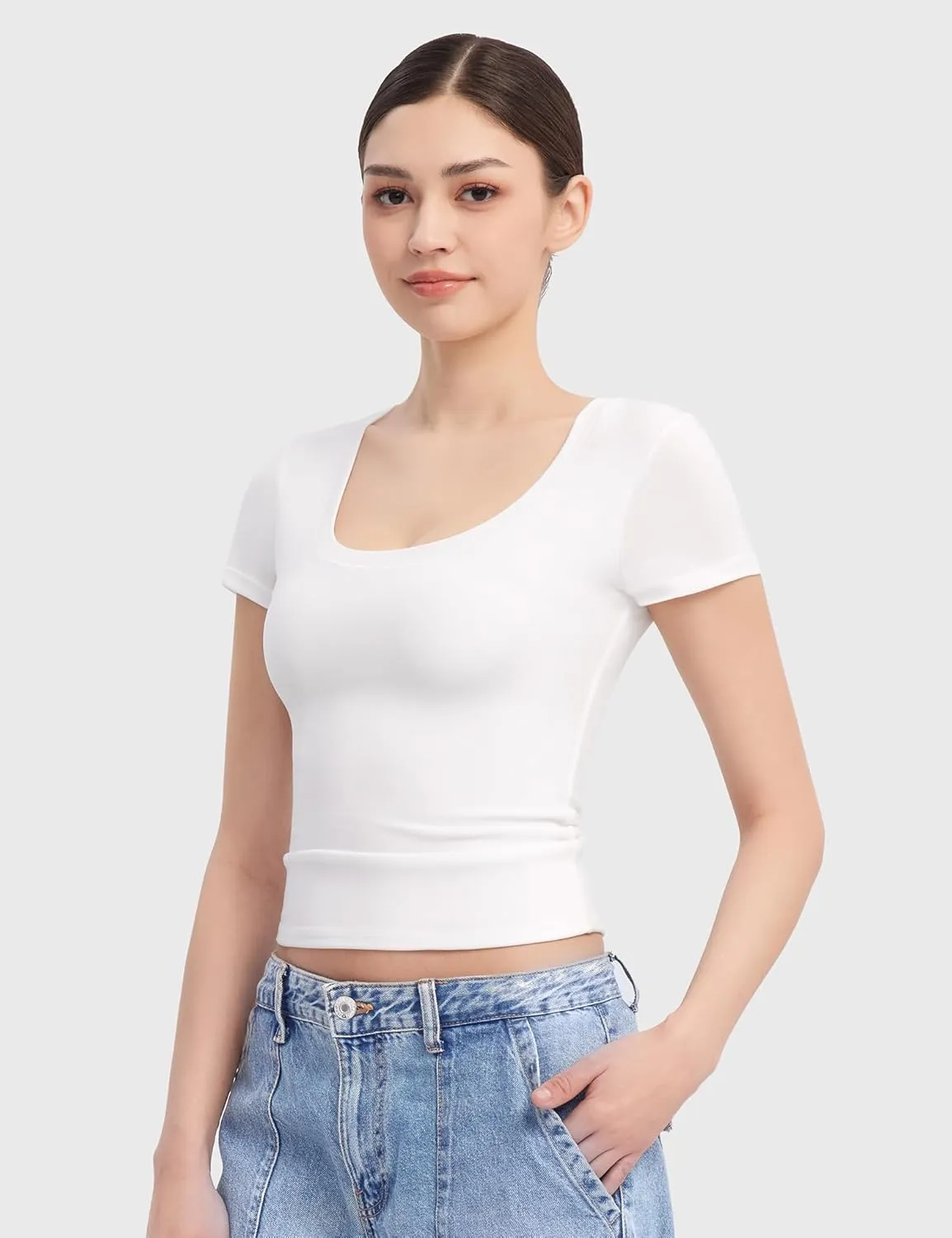 PUMIEY Women's T Shirts Short Sleeve Scoop Neck Basic Going Out Tops Fashion Slim Fit Tee Smoke Cloud Pro Collection