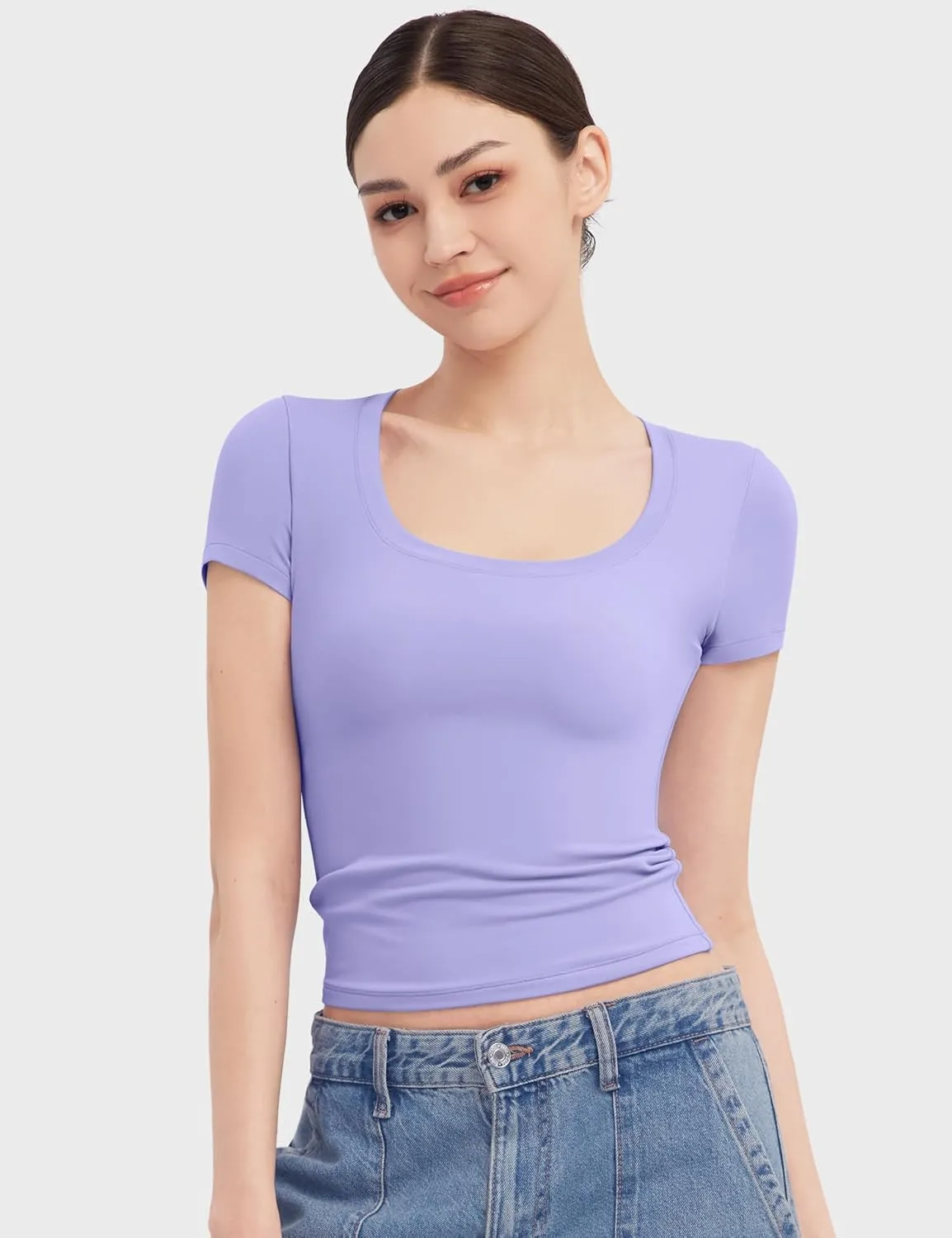 PUMIEY Women's T Shirts Short Sleeve Scoop Neck Basic Going Out Tops Fashion Slim Fit Tee Smoke Cloud Pro Collection
