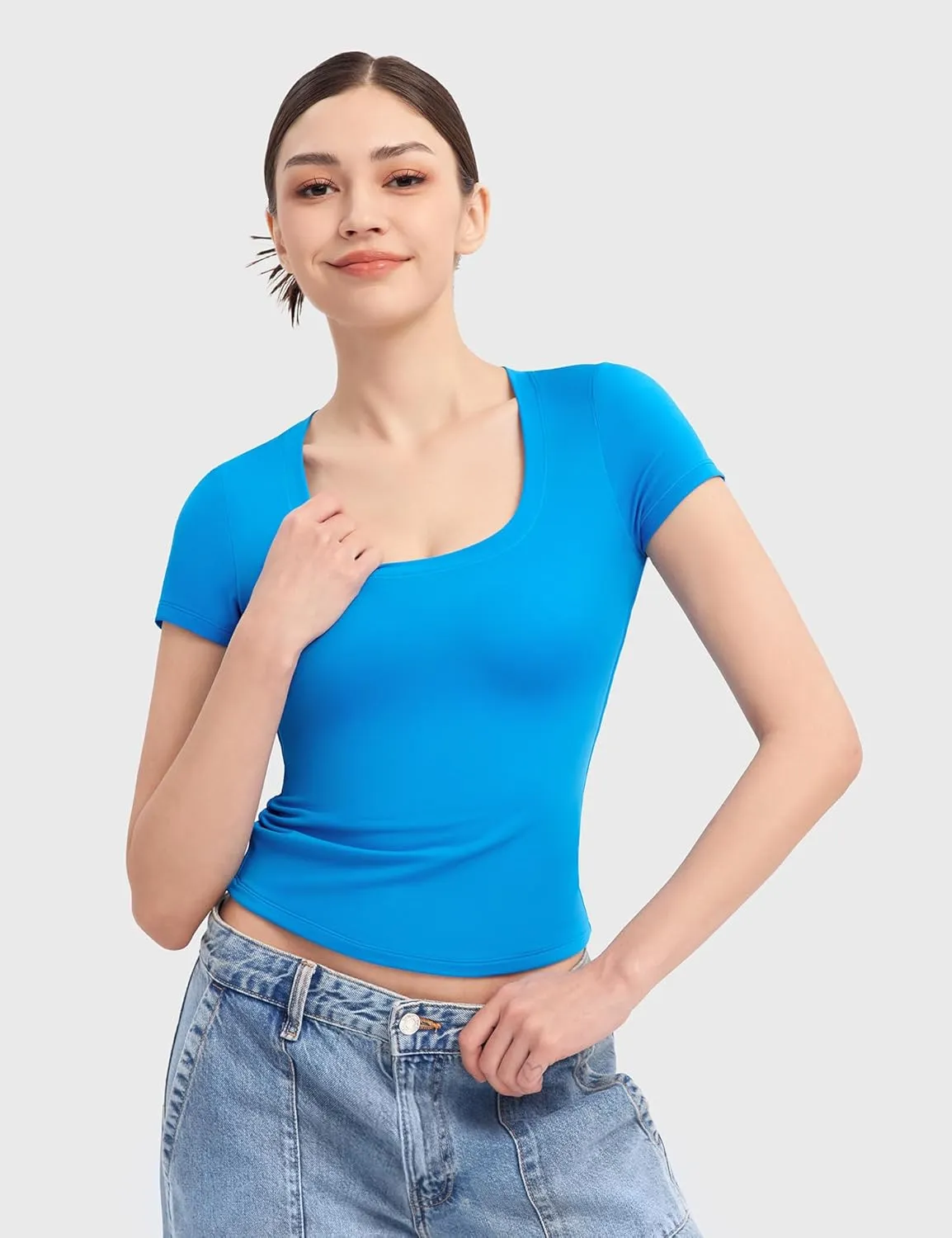 PUMIEY Women's T Shirts Short Sleeve Scoop Neck Basic Going Out Tops Fashion Slim Fit Tee Smoke Cloud Pro Collection