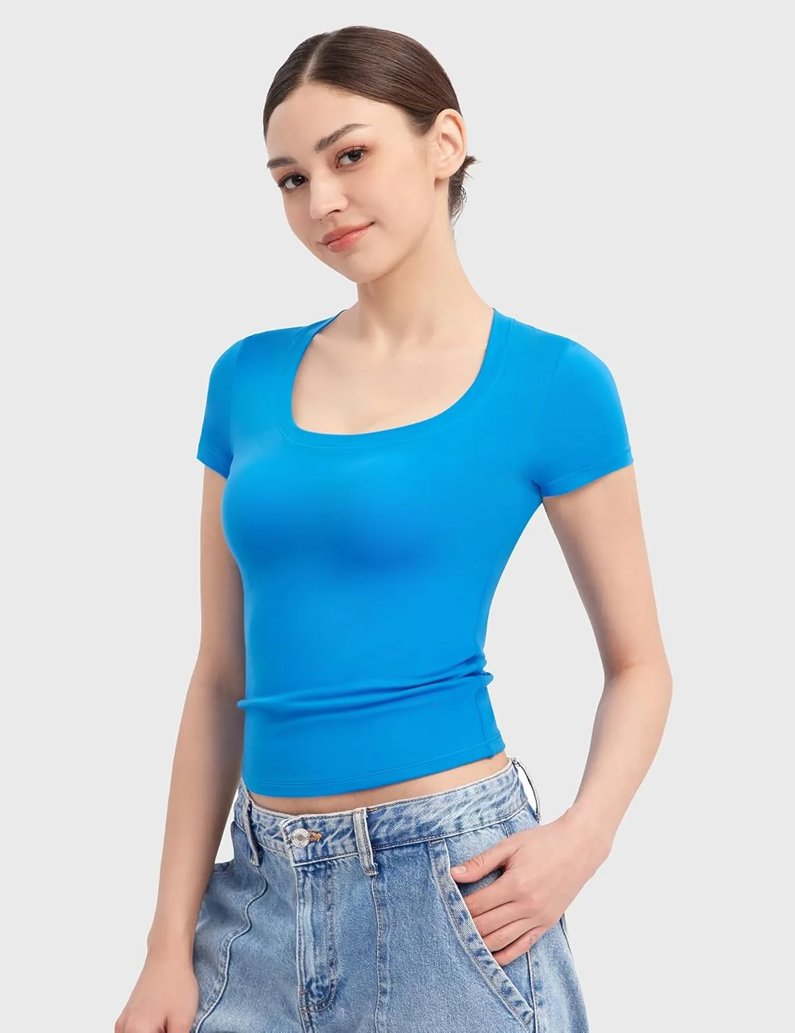 PUMIEY Women's T Shirts Short Sleeve Scoop Neck Basic Going Out Tops Fashion Slim Fit Tee Smoke Cloud Pro Collection