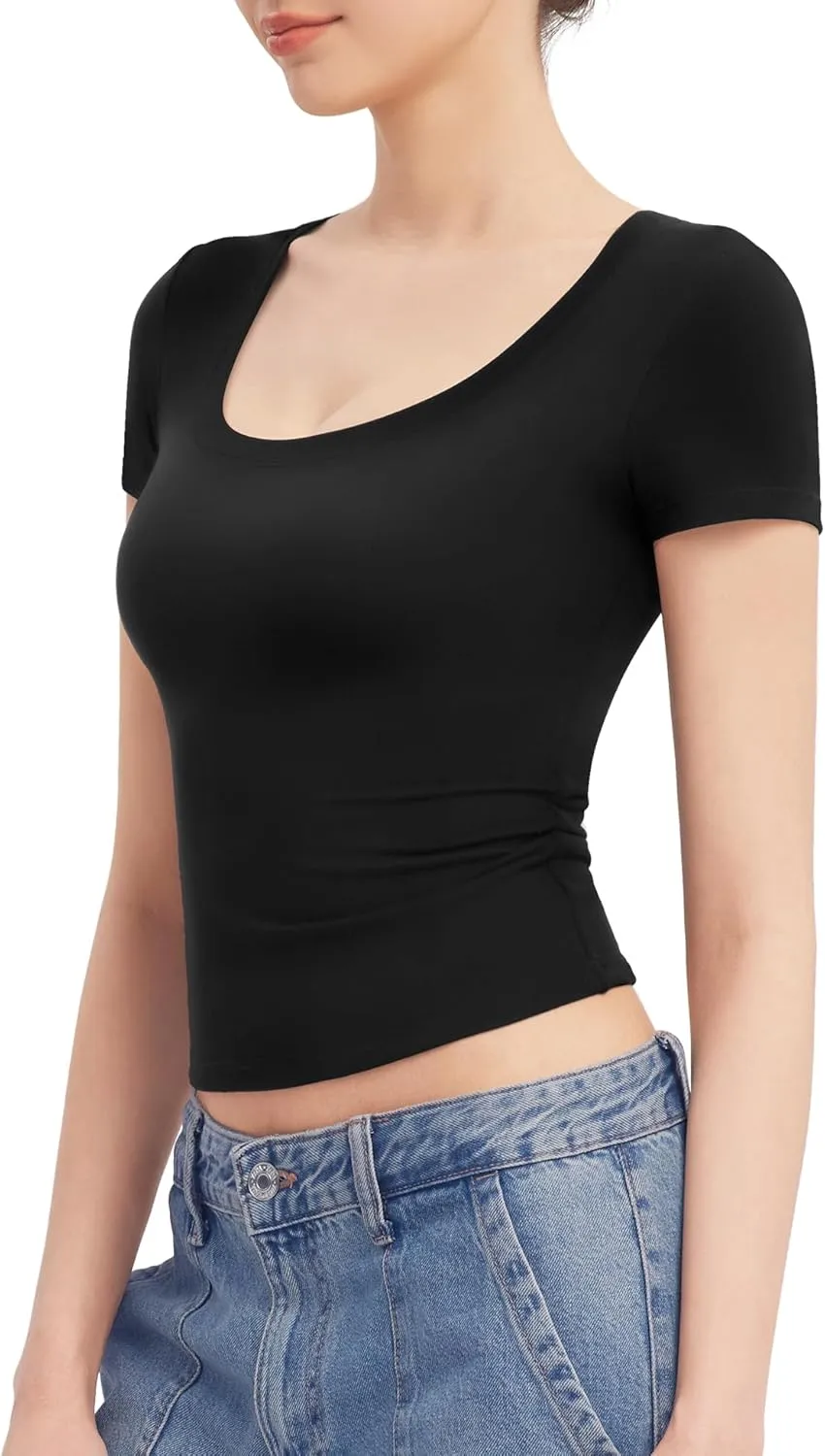 PUMIEY Women's T Shirts Short Sleeve Scoop Neck Basic Going Out Tops Fashion Slim Fit Tee Smoke Cloud Pro Collection