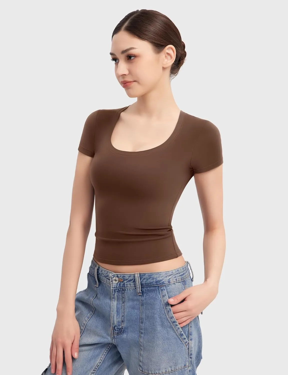 PUMIEY Women's T Shirts Short Sleeve Scoop Neck Basic Going Out Tops Fashion Slim Fit Tee Smoke Cloud Pro Collection