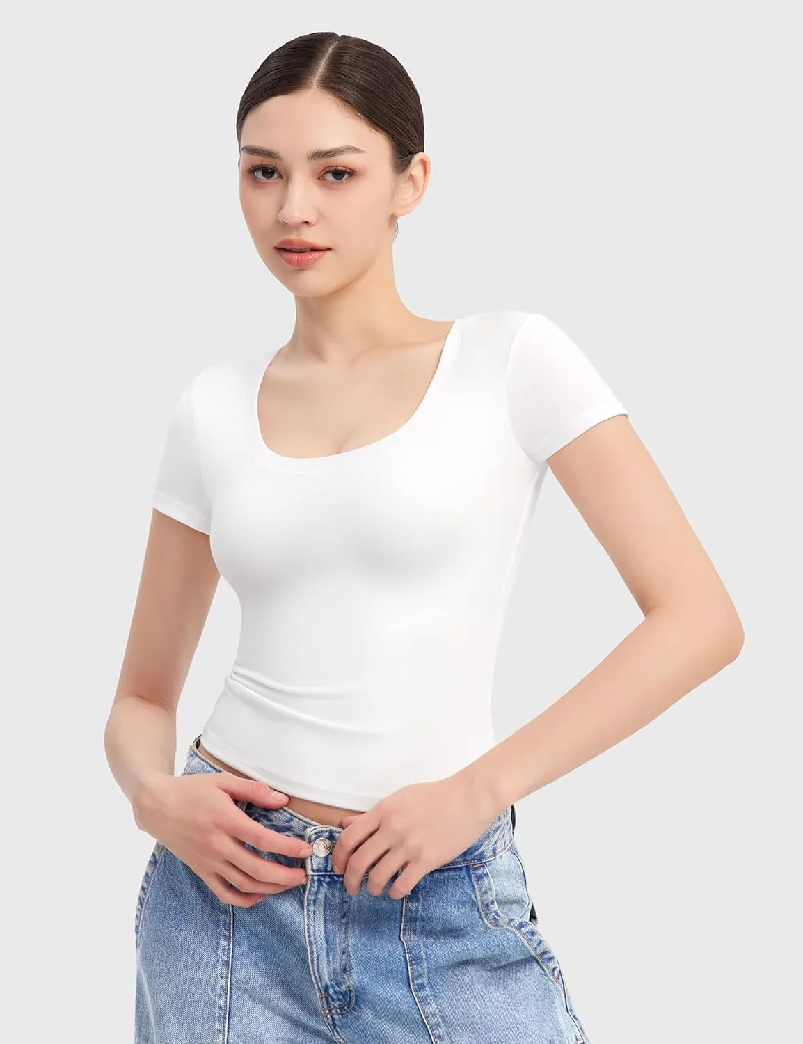 PUMIEY Women's T Shirts Short Sleeve Scoop Neck Basic Going Out Tops Fashion Slim Fit Tee Smoke Cloud Pro Collection