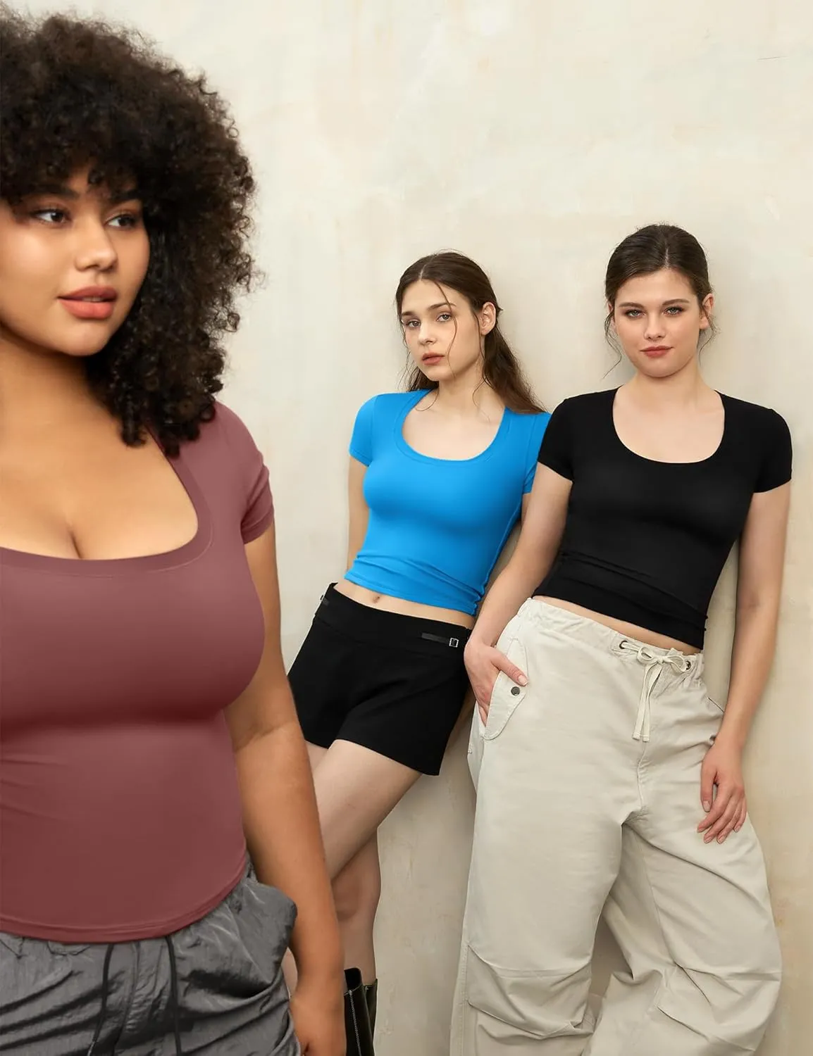PUMIEY Women's T Shirts Short Sleeve Scoop Neck Basic Going Out Tops Fashion Slim Fit Tee Smoke Cloud Pro Collection