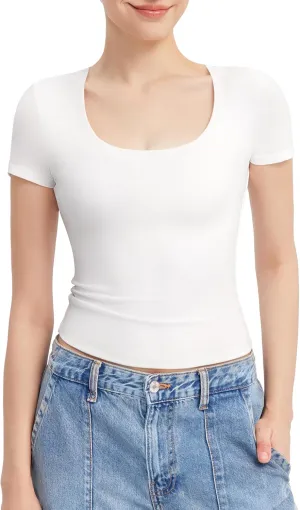 PUMIEY Women's T Shirts Short Sleeve Scoop Neck Basic Going Out Tops Fashion Slim Fit Tee Smoke Cloud Pro Collection