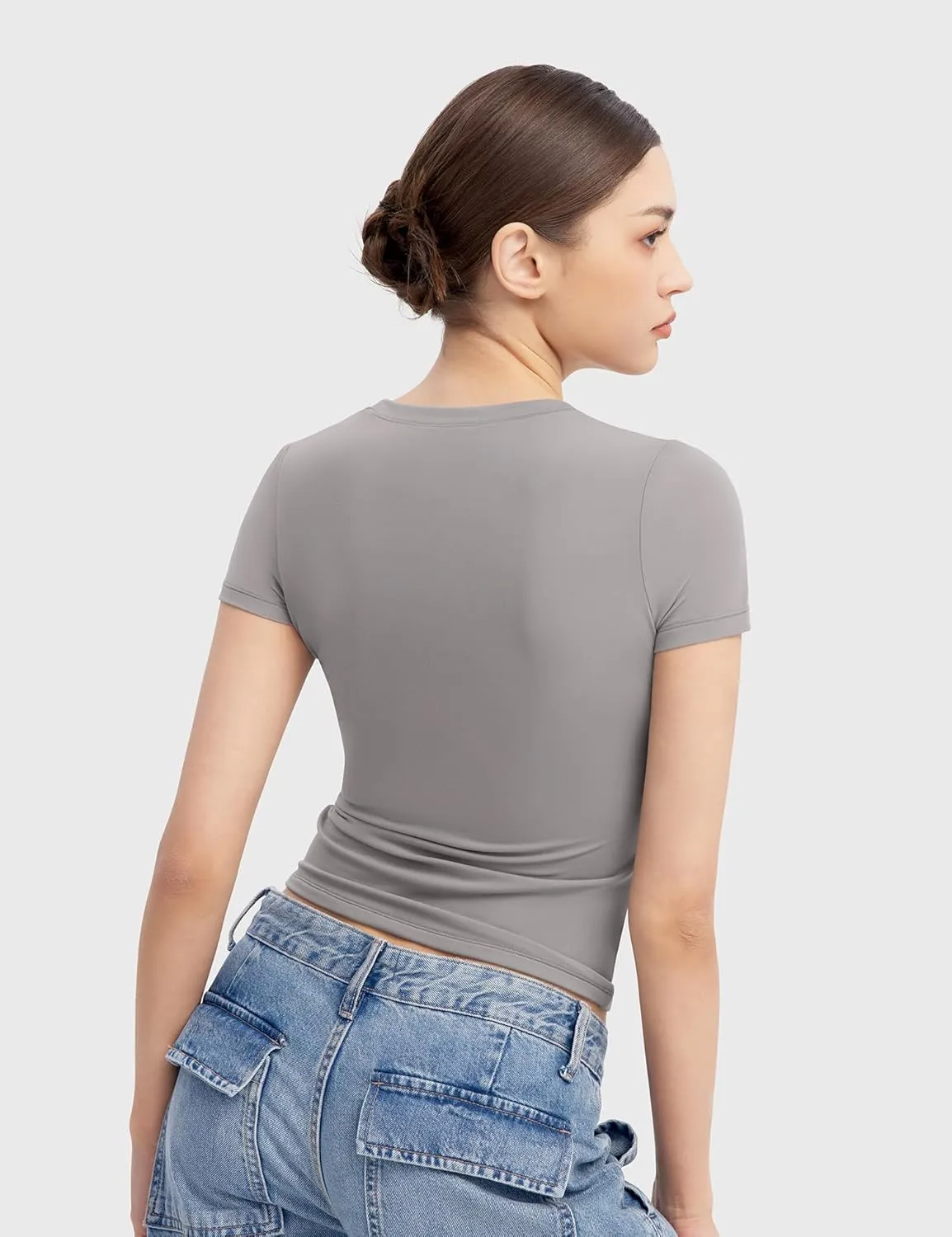 PUMIEY Women's T Shirts Short Sleeve Scoop Neck Basic Going Out Tops Fashion Slim Fit Tee Smoke Cloud Pro Collection