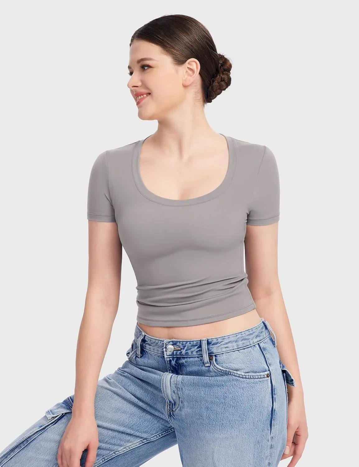 PUMIEY Women's T Shirts Short Sleeve Scoop Neck Basic Going Out Tops Fashion Slim Fit Tee Smoke Cloud Pro Collection
