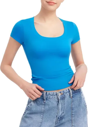 PUMIEY Women's T Shirts Short Sleeve Scoop Neck Basic Going Out Tops Fashion Slim Fit Tee Smoke Cloud Pro Collection
