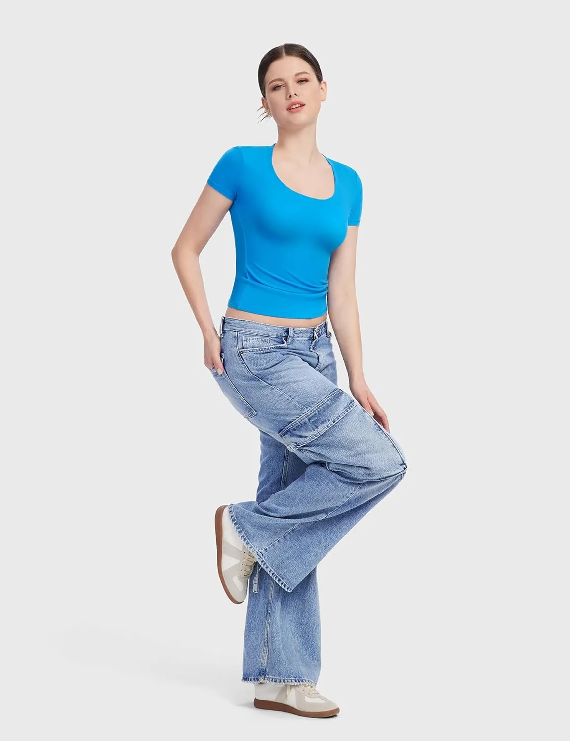 PUMIEY Women's T Shirts Short Sleeve Scoop Neck Basic Going Out Tops Fashion Slim Fit Tee Smoke Cloud Pro Collection