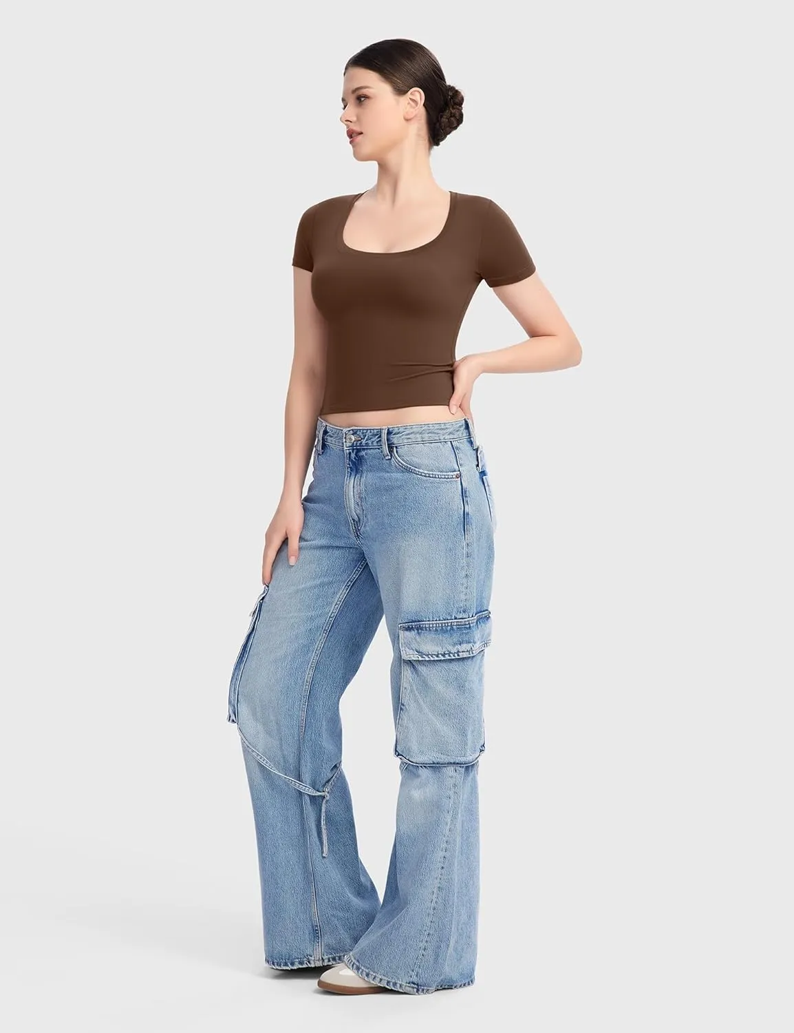 PUMIEY Women's T Shirts Short Sleeve Scoop Neck Basic Going Out Tops Fashion Slim Fit Tee Smoke Cloud Pro Collection