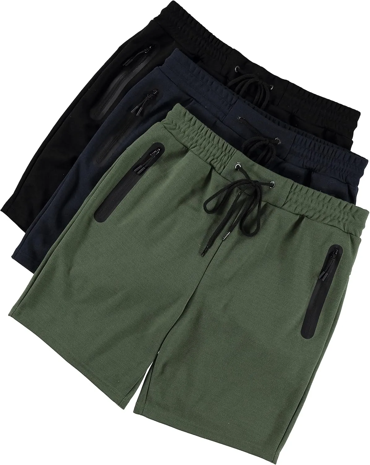 PURE CHAMP Mens 3 Pk French Terry Cotton Casual Gym Shorts for Men Athletic Workout Training Sweat Shorts with Zipper Pocket
