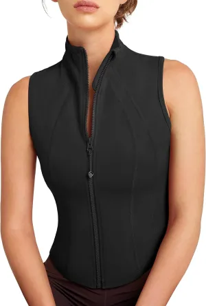 QUEENIEKE Women's Sleeveless Crop Shirt - Zip Up Workout Running Vest Tank Tops Athletic Gym Yoga Camis Jackets