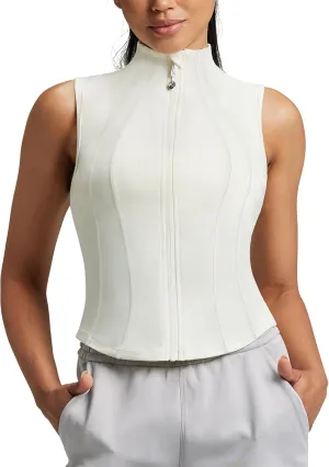 QUEENIEKE Women's Sleeveless Crop Shirt - Zip Up Workout Running Vest Tank Tops Athletic Gym Yoga Camis Jackets