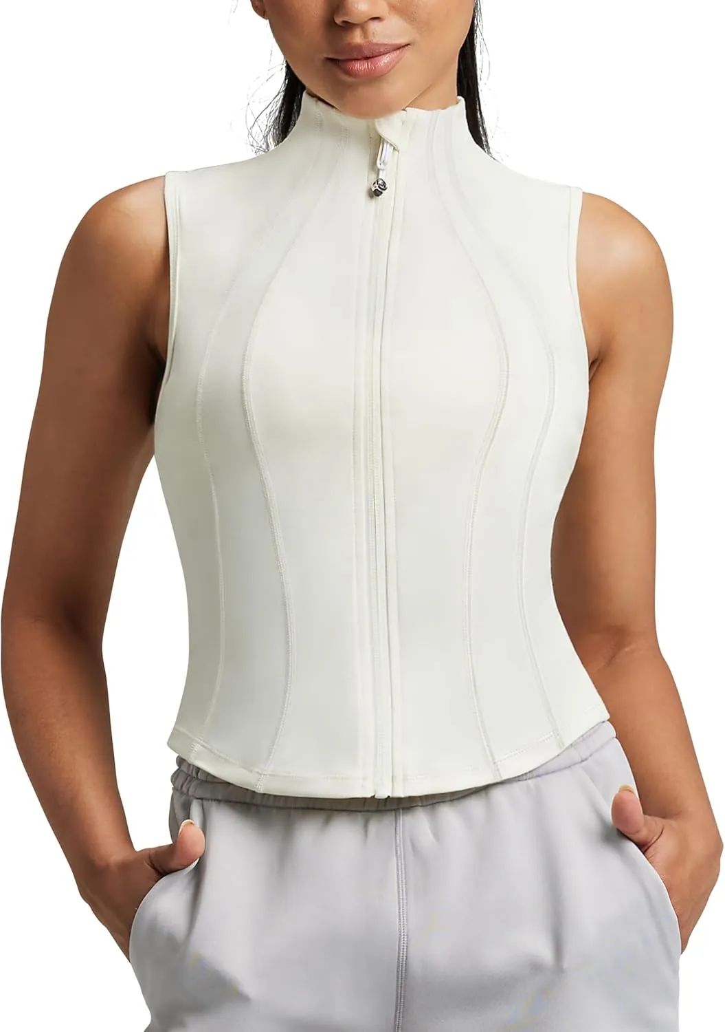 QUEENIEKE Women's Sleeveless Crop Shirt - Zip Up Workout Running Vest Tank Tops Athletic Gym Yoga Camis Jackets