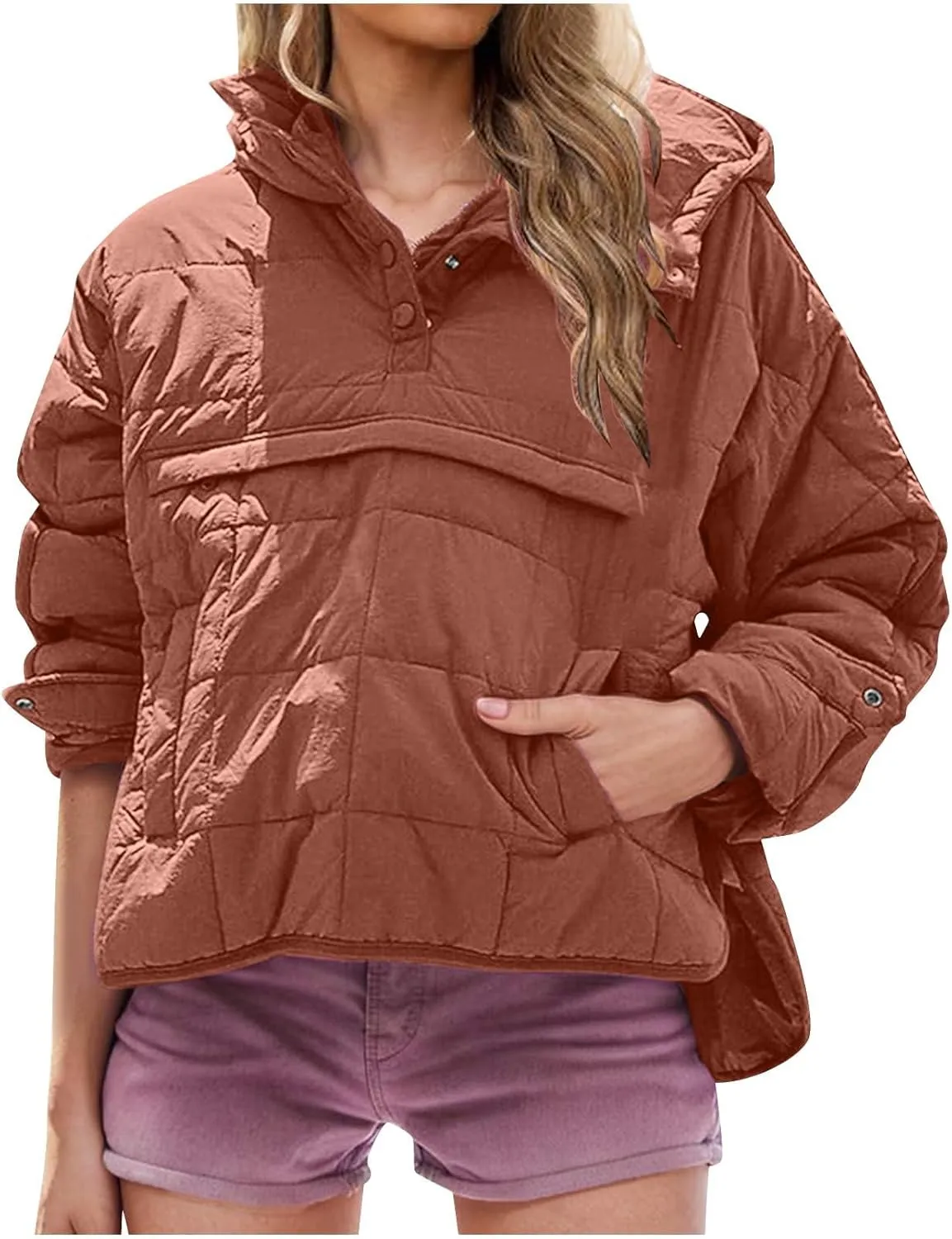 Quilted Puffer Jacket for Women Winter Lightweight Button Long Sleeve Coat Oversized Packable Cotton Padded Jacket