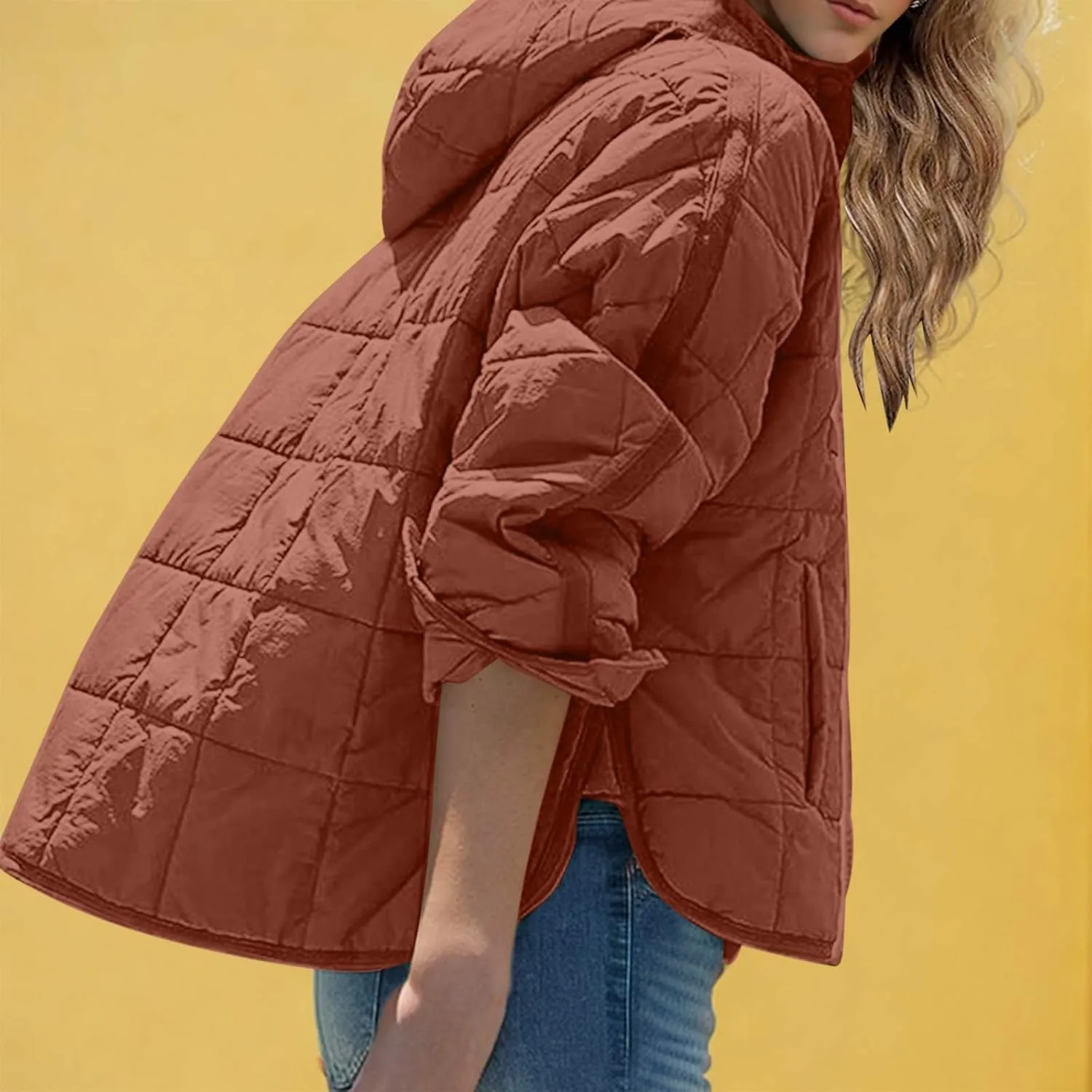 Quilted Puffer Jacket for Women Winter Lightweight Button Long Sleeve Coat Oversized Packable Cotton Padded Jacket