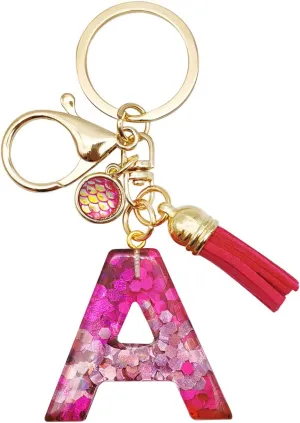 Red Alphabet Initial Letter Keychain Dark Pink Tassel Pendant Key Ring for Women Girls Purse Handbags