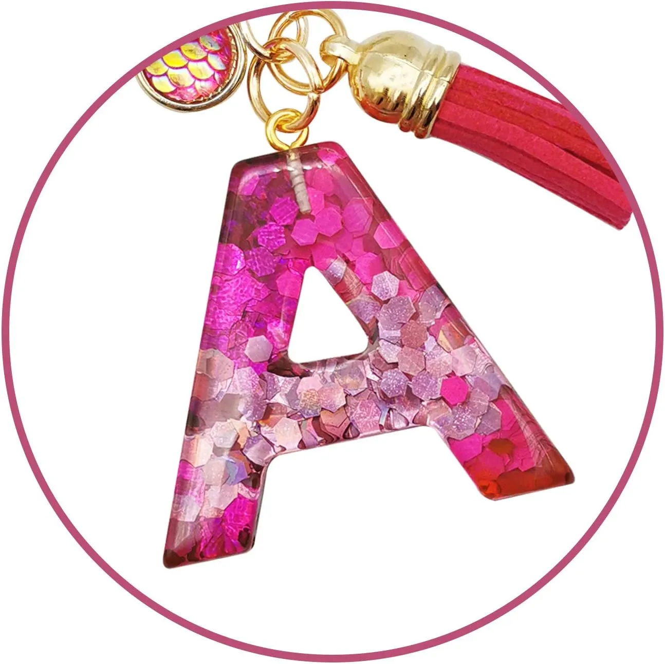 Red Alphabet Initial Letter Keychain Dark Pink Tassel Pendant Key Ring for Women Girls Purse Handbags