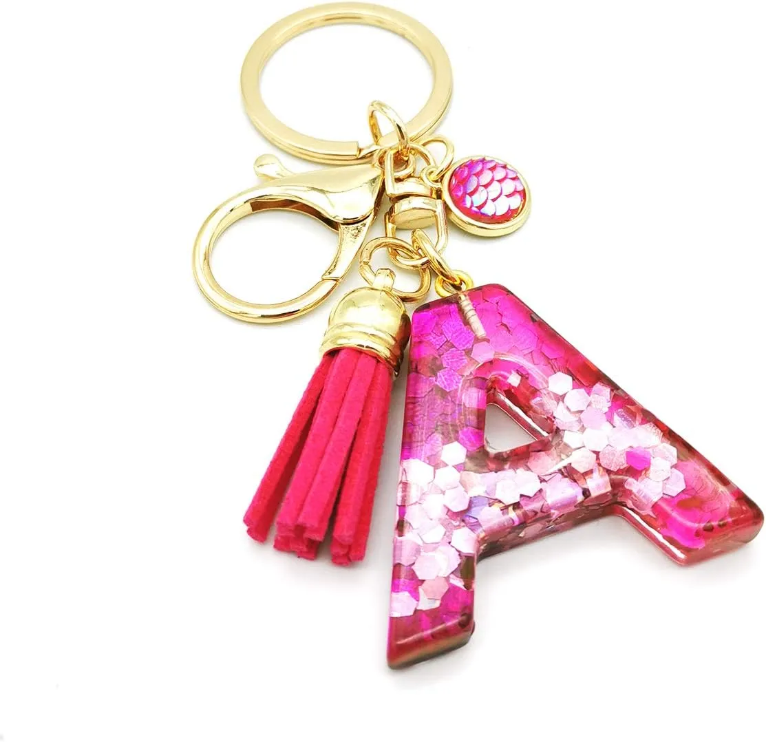 Red Alphabet Initial Letter Keychain Dark Pink Tassel Pendant Key Ring for Women Girls Purse Handbags