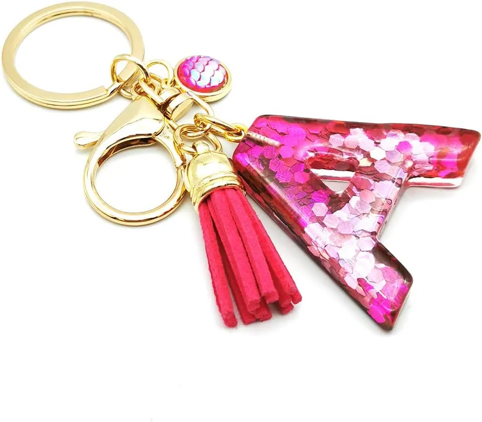 Red Alphabet Initial Letter Keychain Dark Pink Tassel Pendant Key Ring for Women Girls Purse Handbags