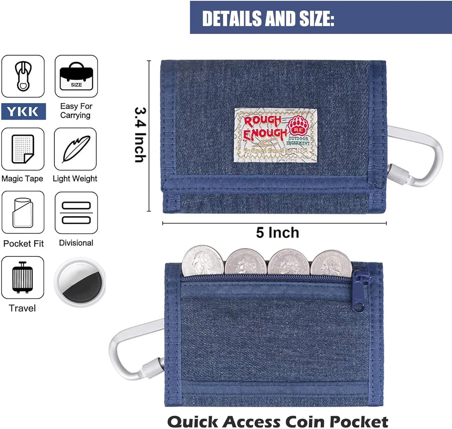 Rough Enough Kids Wallet for Boys Girls Preppy Teen with Neck Lanyard Keychain Canvas Denim Blue