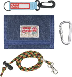 Rough Enough Kids Wallet for Boys Girls Preppy Teen with Neck Lanyard Keychain Canvas Denim Blue