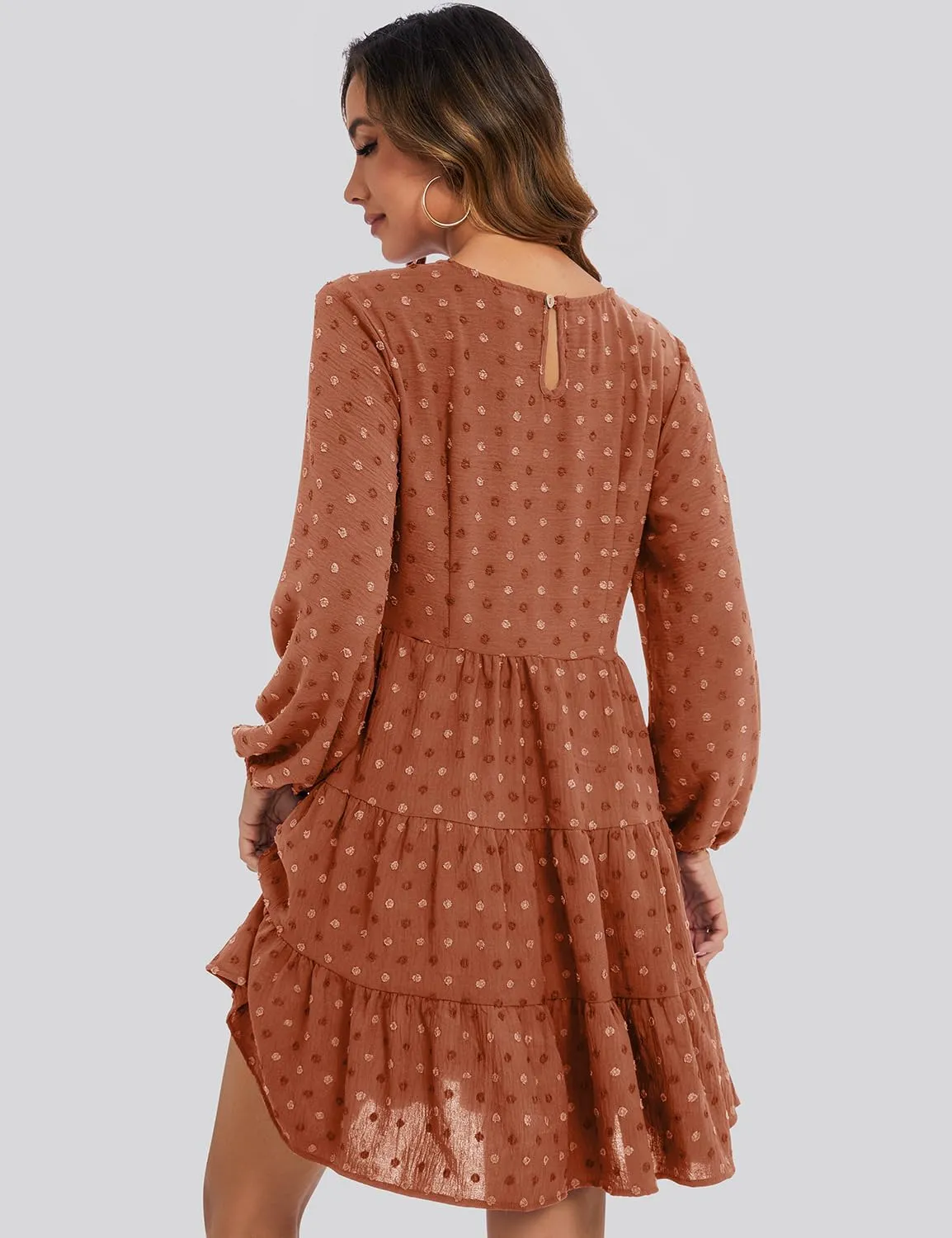 ROYLAMP Women's Swiss Dots Dress Long Sleeve Crew Neck Tiered Casual Spring Boho Flowy Tunic Shift Mini Dresses