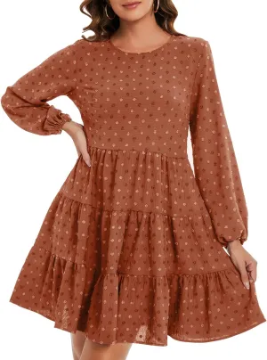 ROYLAMP Women's Swiss Dots Dress Long Sleeve Crew Neck Tiered Casual Spring Boho Flowy Tunic Shift Mini Dresses