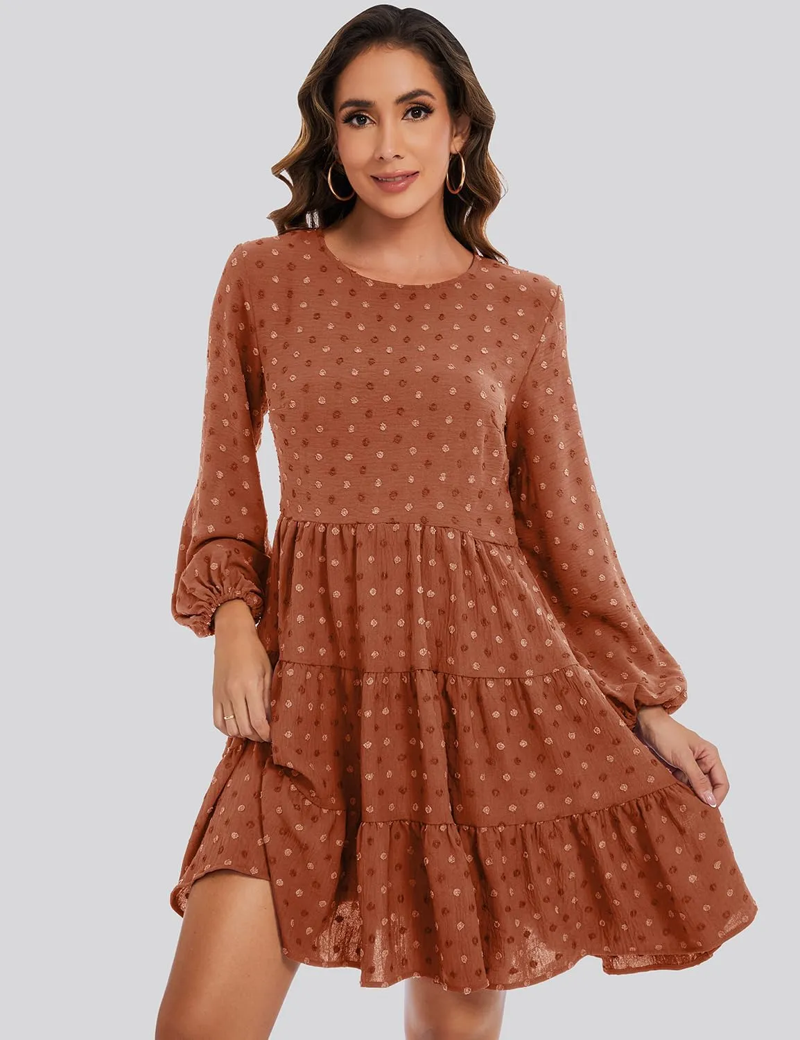 ROYLAMP Women's Swiss Dots Dress Long Sleeve Crew Neck Tiered Casual Spring Boho Flowy Tunic Shift Mini Dresses
