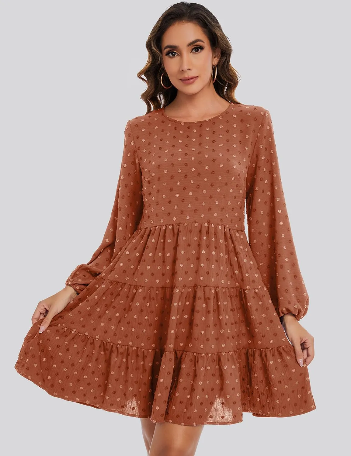 ROYLAMP Women's Swiss Dots Dress Long Sleeve Crew Neck Tiered Casual Spring Boho Flowy Tunic Shift Mini Dresses