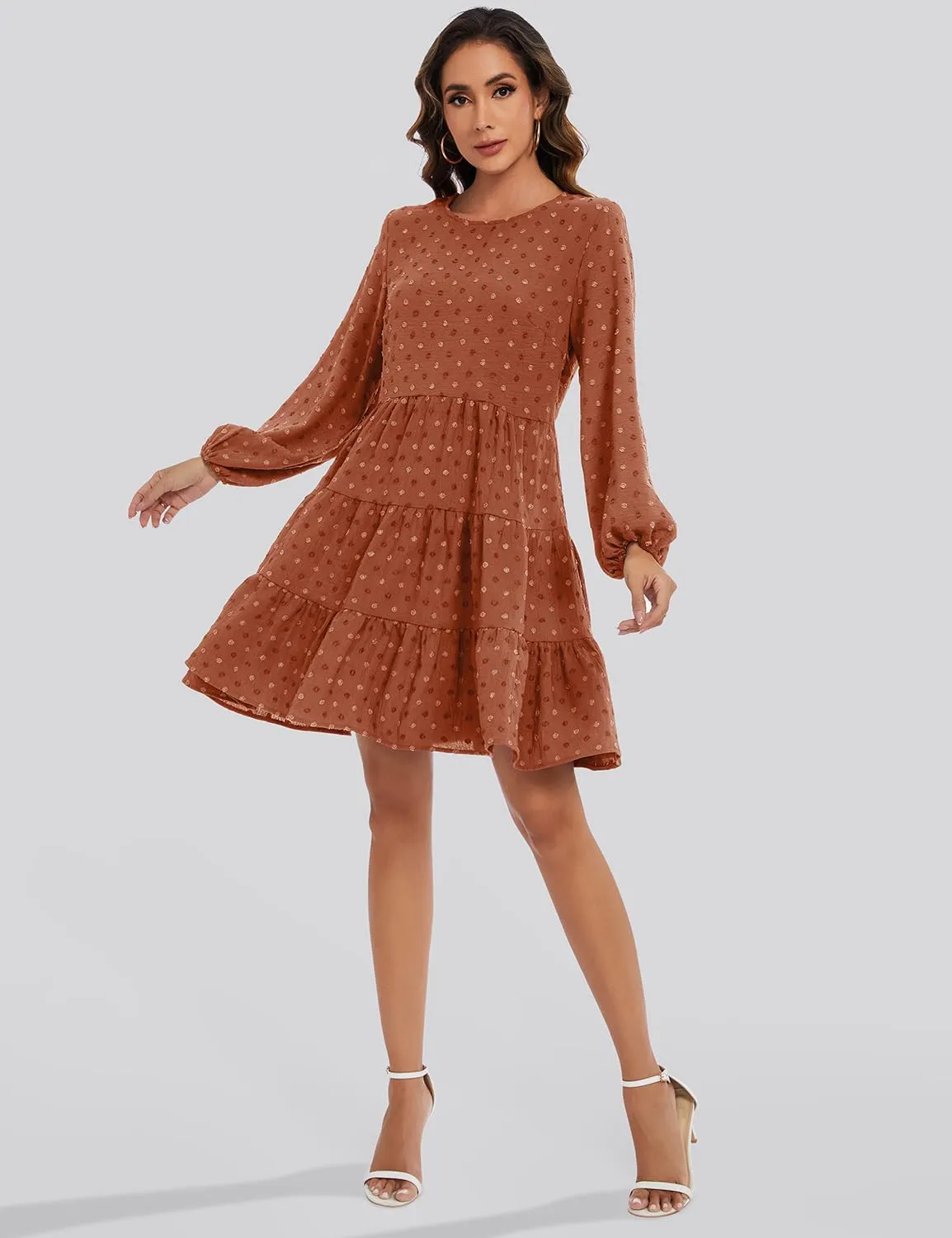 ROYLAMP Women's Swiss Dots Dress Long Sleeve Crew Neck Tiered Casual Spring Boho Flowy Tunic Shift Mini Dresses
