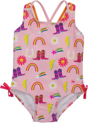 RuffleButts Girls UPF50  Sun Protection Tie Shoulder/Cross Back One Piece Swimsuit
