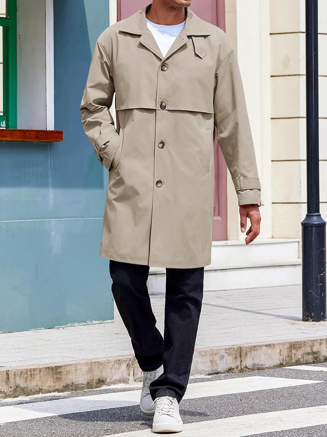 Runcati Mens Trench Coat Single Breasted Slim Fit Mid Long Jackets Casual Fall Windbreaker Overcoat