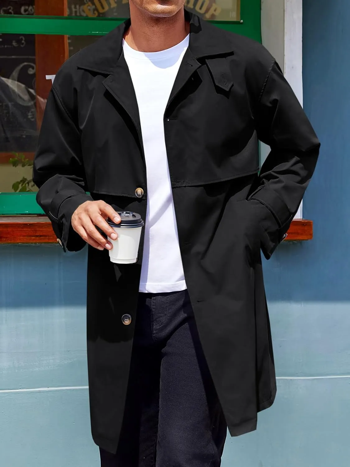 Runcati Mens Trench Coat Single Breasted Slim Fit Mid Long Jackets Casual Fall Windbreaker Overcoat