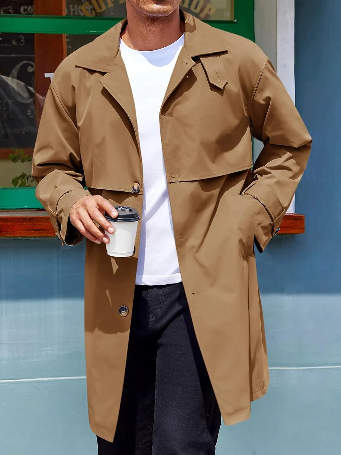 Runcati Mens Trench Coat Single Breasted Slim Fit Mid Long Jackets Casual Fall Windbreaker Overcoat