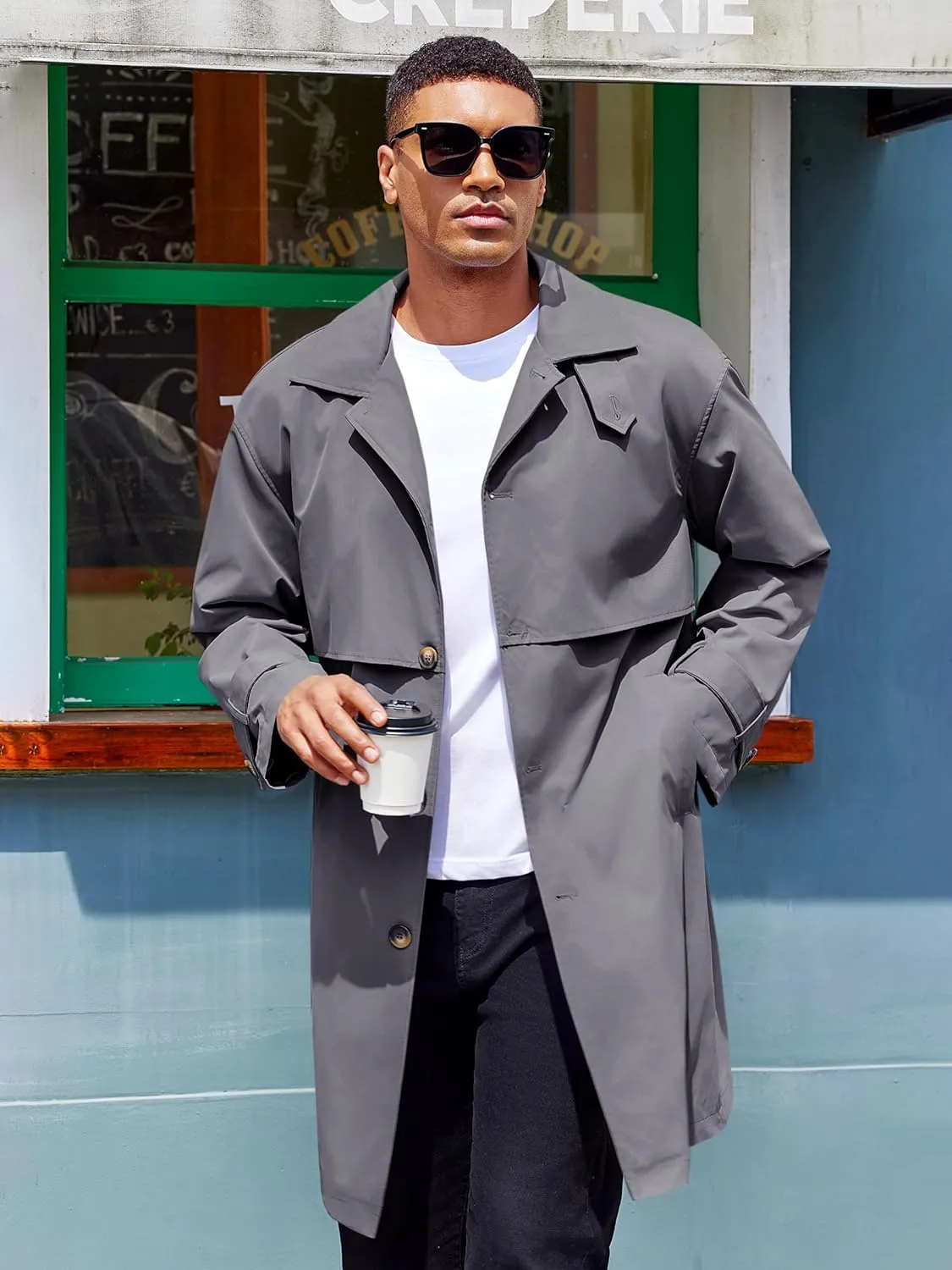 Runcati Mens Trench Coat Single Breasted Slim Fit Mid Long Jackets Casual Fall Windbreaker Overcoat