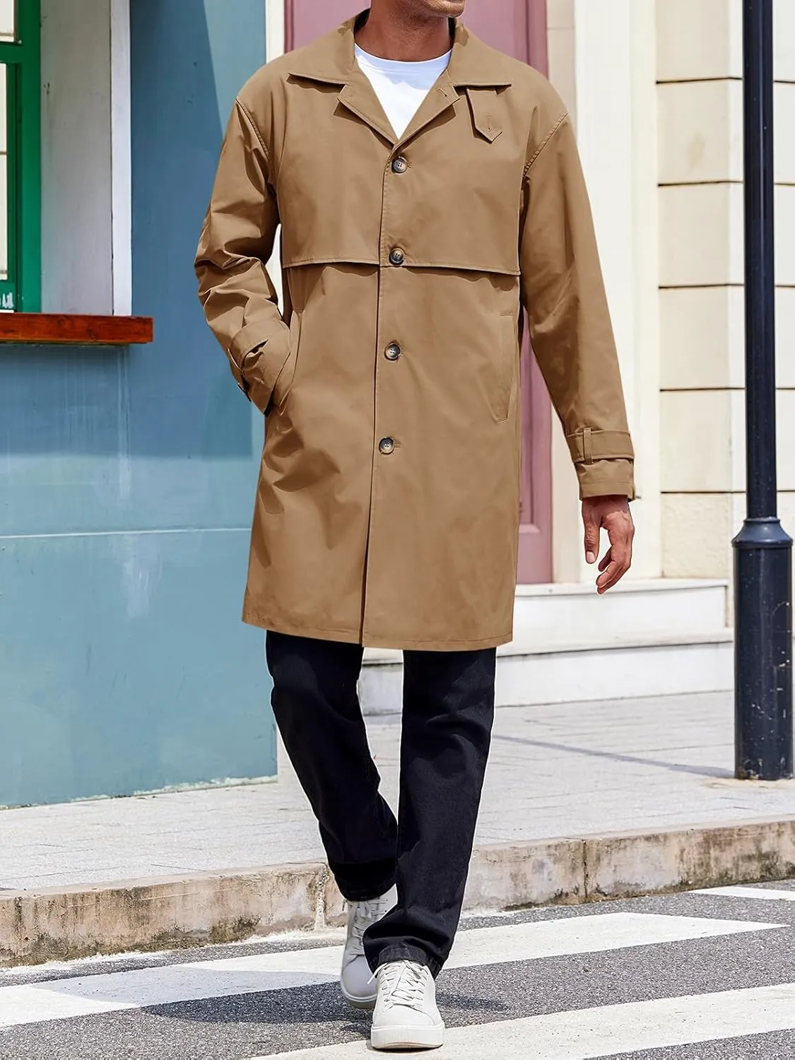 Runcati Mens Trench Coat Single Breasted Slim Fit Mid Long Jackets Casual Fall Windbreaker Overcoat