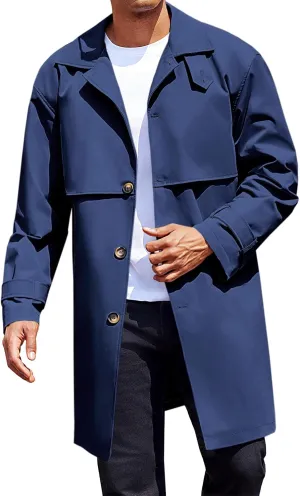 Runcati Mens Trench Coat Single Breasted Slim Fit Mid Long Jackets Casual Fall Windbreaker Overcoat