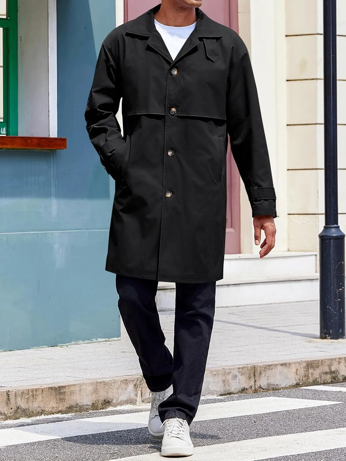 Runcati Mens Trench Coat Single Breasted Slim Fit Mid Long Jackets Casual Fall Windbreaker Overcoat