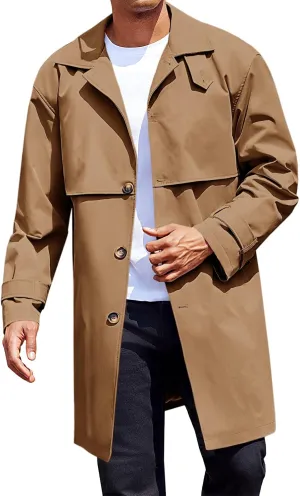 Runcati Mens Trench Coat Single Breasted Slim Fit Mid Long Jackets Casual Fall Windbreaker Overcoat