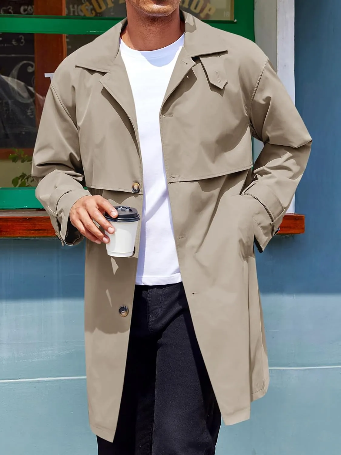 Runcati Mens Trench Coat Single Breasted Slim Fit Mid Long Jackets Casual Fall Windbreaker Overcoat