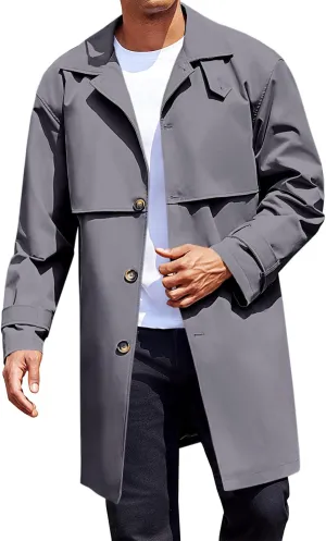 Runcati Mens Trench Coat Single Breasted Slim Fit Mid Long Jackets Casual Fall Windbreaker Overcoat