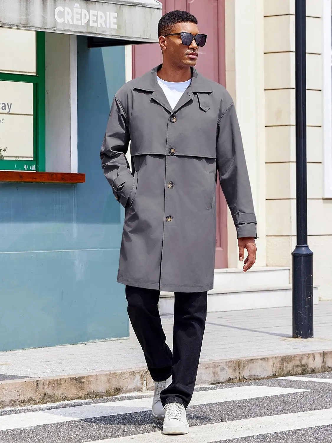 Runcati Mens Trench Coat Single Breasted Slim Fit Mid Long Jackets Casual Fall Windbreaker Overcoat